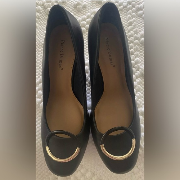 PIERRE DUMAS WEDGE HEEL EMBELLISHED DRESS SHOES BLACK/GOLD  SIZE 9M - Picture 4 of 13